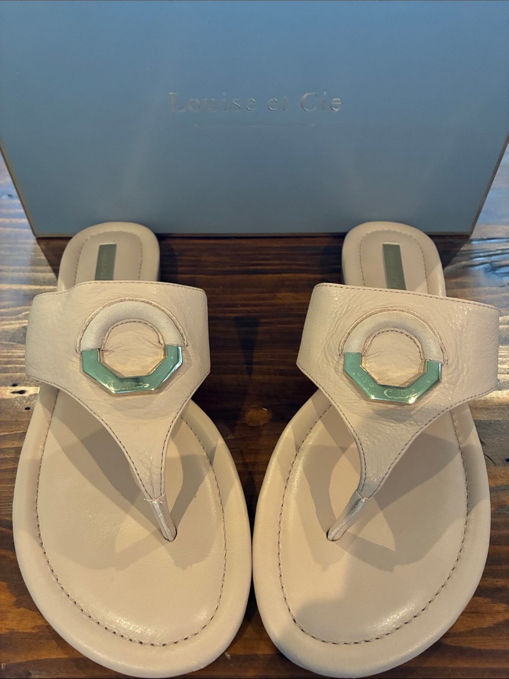 Louise et Cie Cream Leather Thong Sandals with Mint Accent